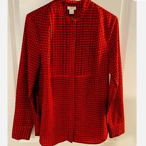 J CREW Button Black Red GINGHAM Check Long Sleeve Pleated Top BLOUSE Small